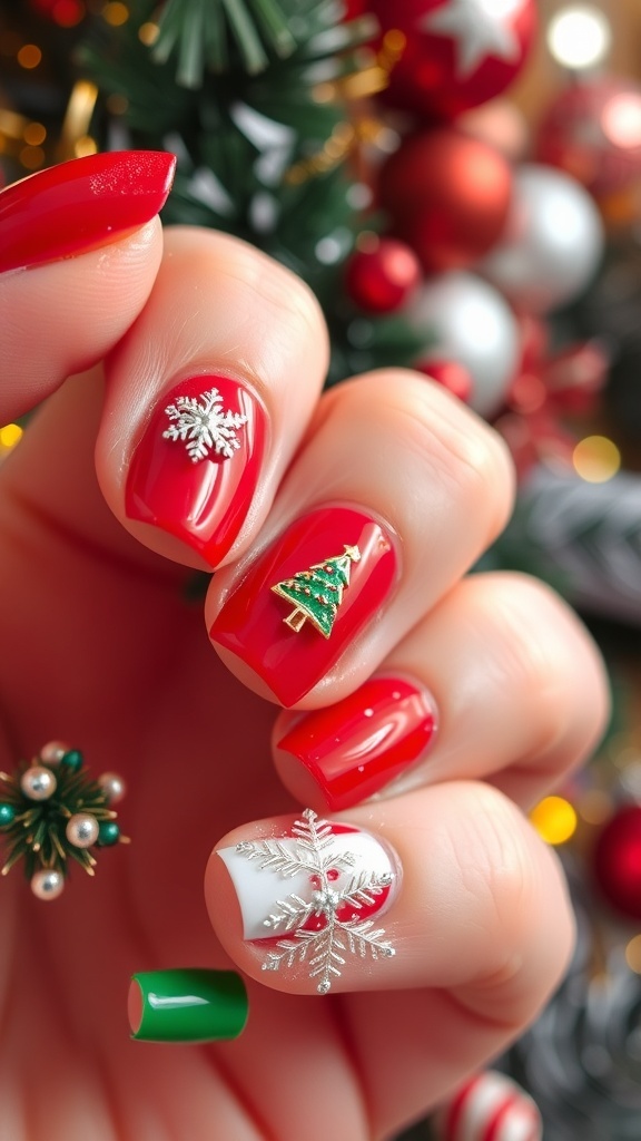 Christmas Nail Art with Short Charms Close-up of Christmas nail art with short charms, showcasing festive designs in red, green, and white.